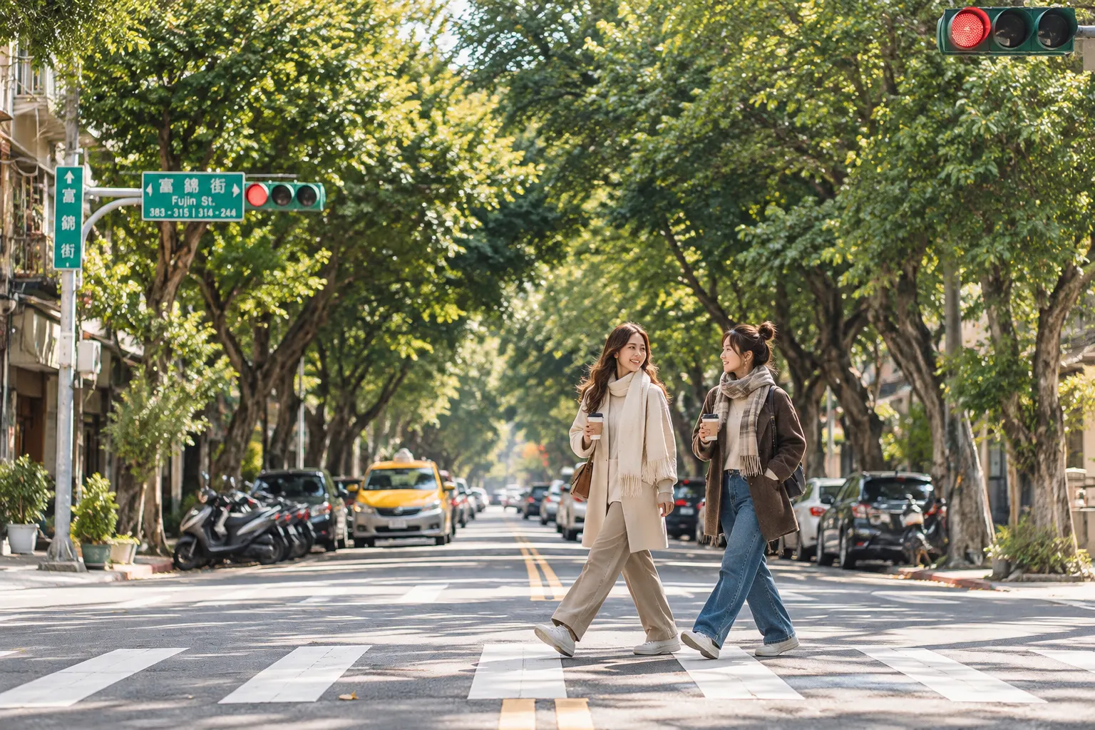 Taipei After New Year 2027: 5 Places to Enjoy at Your Own Pace 2 Trees lining Fujin Street, with residential buildings and parked vehicles
