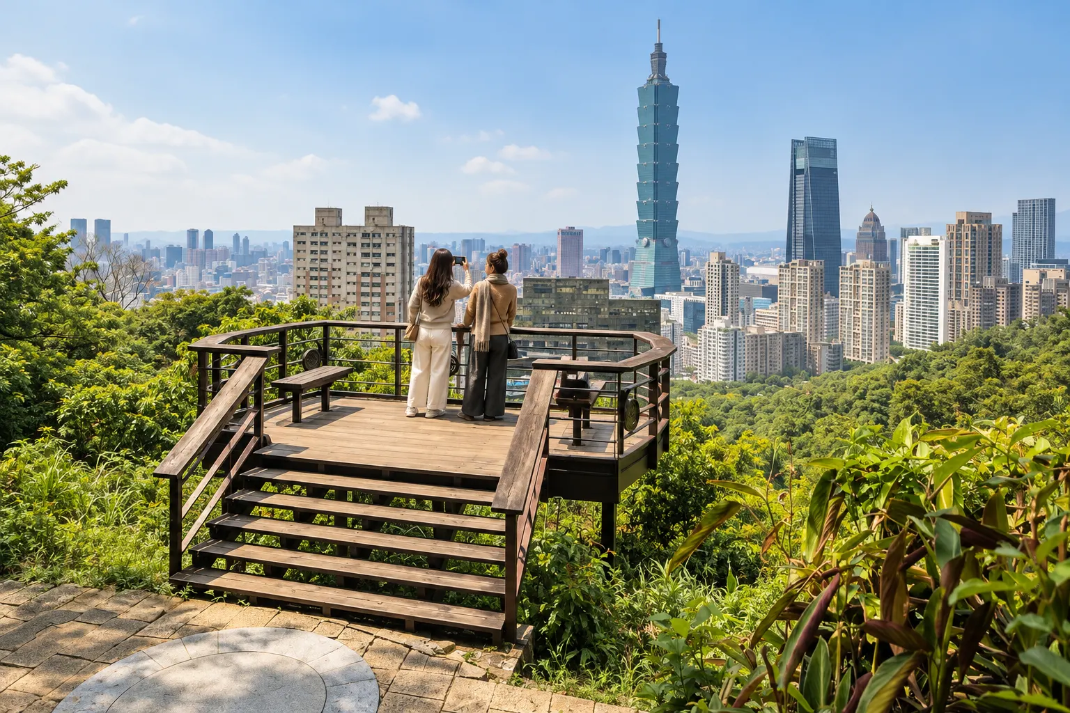 Taipei After New Year 2027: 5 Places to Enjoy at Your Own Pace 6 Taipei 101 rising above city buildings, with trees in the foreground on Xiangshan